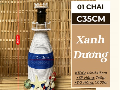 Ngọn hải đăng chai thuỷ tinh Handmade đính sò ốc [Thủ công - Sò ốc thật] C35cm CHAILO-HM-07